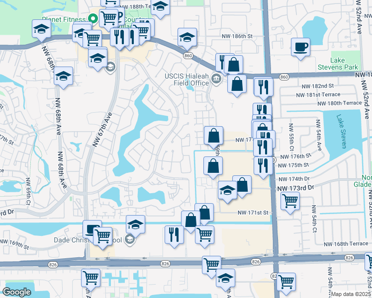 map of restaurants, bars, coffee shops, grocery stores, and more near 6130 Northwest 175th Terrace in Hialeah