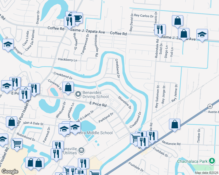 map of restaurants, bars, coffee shops, grocery stores, and more near 127 Shoreline Drive in Brownsville
