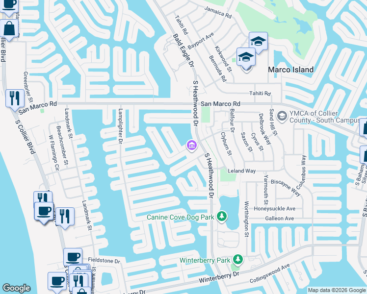 map of restaurants, bars, coffee shops, grocery stores, and more near 1224 Whiteheart Ave in Marco Island