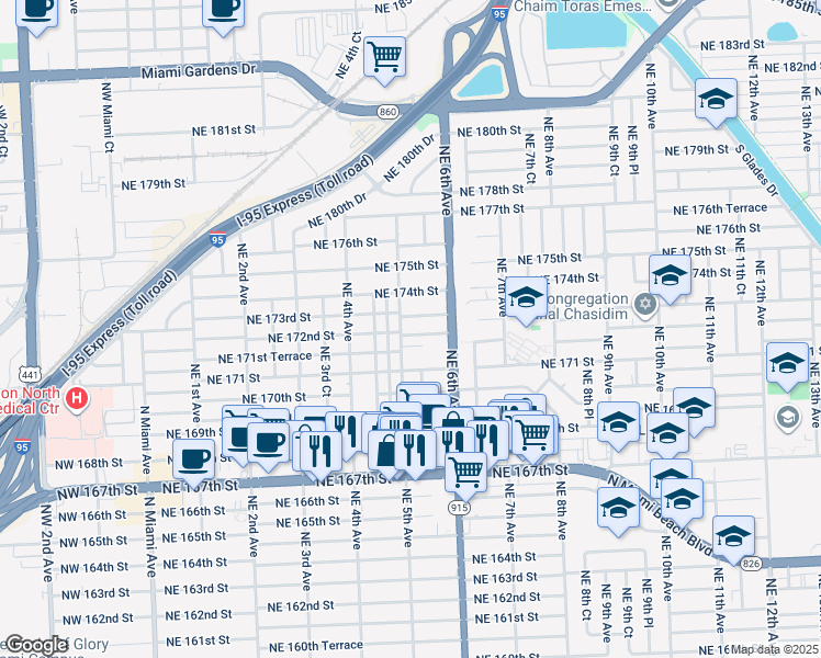 map of restaurants, bars, coffee shops, grocery stores, and more near 511 Northeast 172nd Street in North Miami Beach