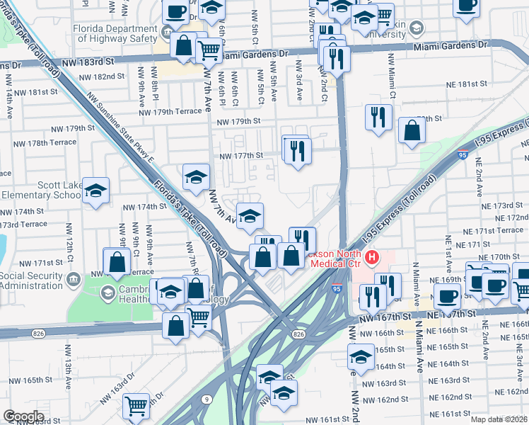 map of restaurants, bars, coffee shops, grocery stores, and more near 17119 Northwest 7th Avenue in Miami Gardens