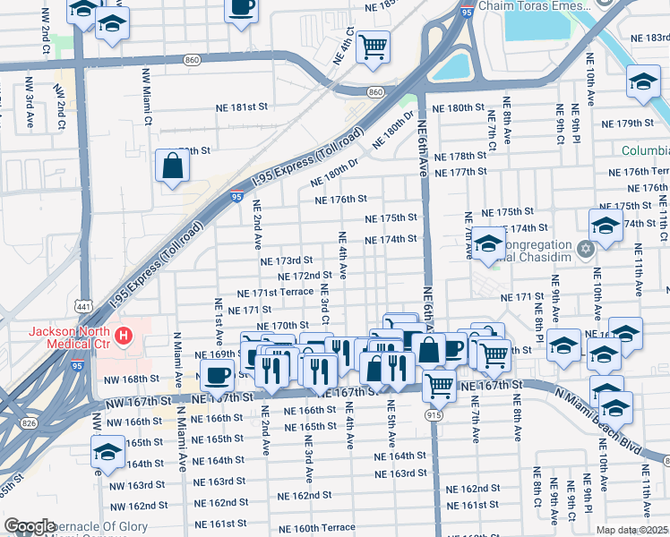 map of restaurants, bars, coffee shops, grocery stores, and more near 375 Northeast 172nd Street in North Miami Beach