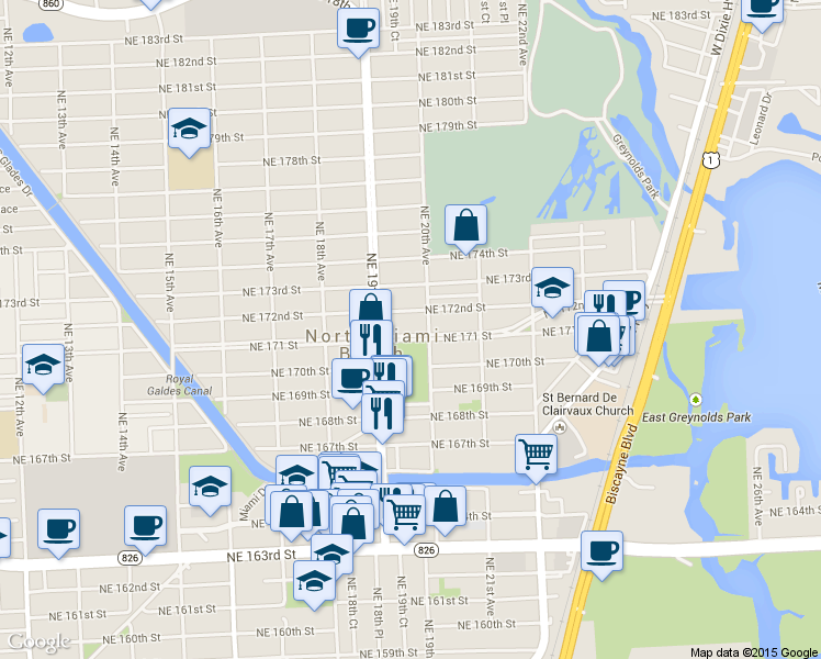 map of restaurants, bars, coffee shops, grocery stores, and more near 1935 Northeast 171 Street in North Miami Beach