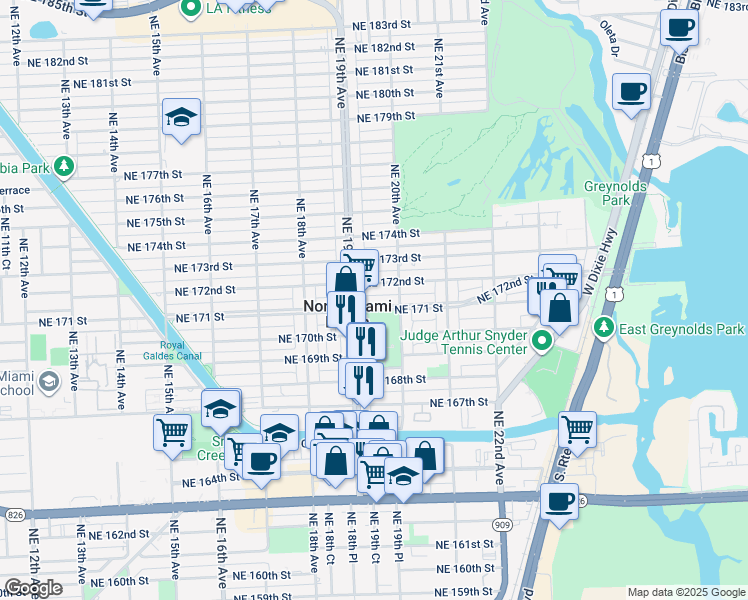 map of restaurants, bars, coffee shops, grocery stores, and more near 1935 Northeast 171 Street in North Miami Beach