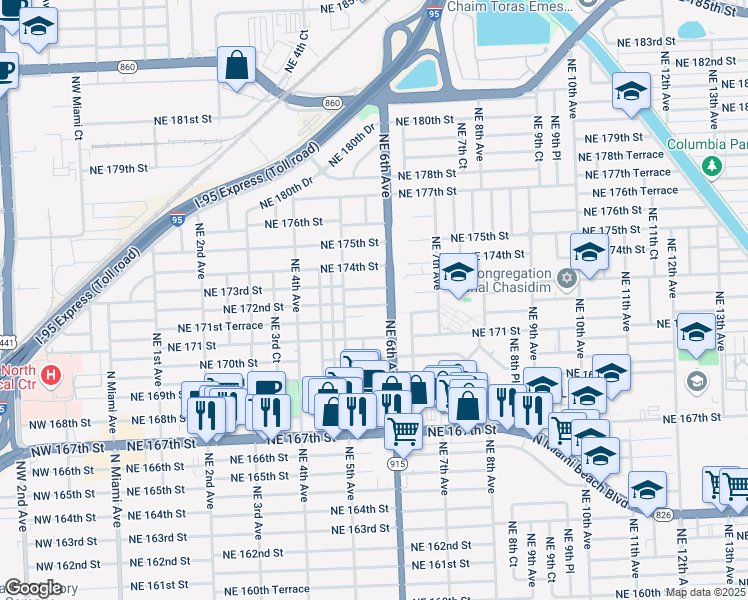 map of restaurants, bars, coffee shops, grocery stores, and more near in North Miami Beach