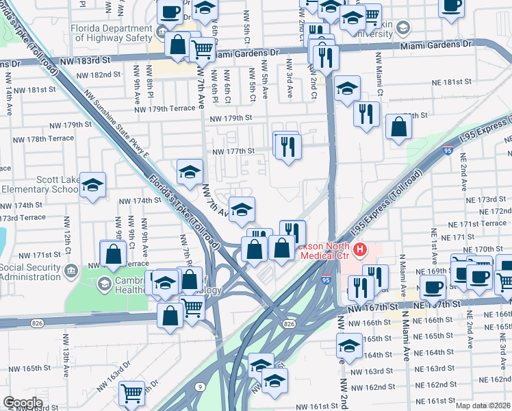 map of restaurants, bars, coffee shops, grocery stores, and more near 17119 Northwest 7th Avenue in Miami Gardens