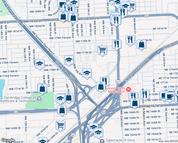 map of restaurants, bars, coffee shops, grocery stores, and more near 17119 Northwest 7th Avenue in Miami Gardens