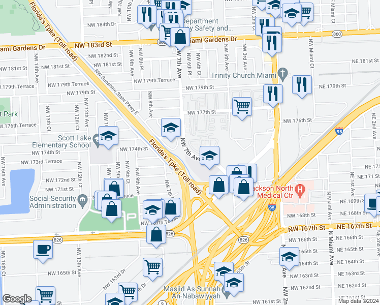 map of restaurants, bars, coffee shops, grocery stores, and more near in Miami Gardens