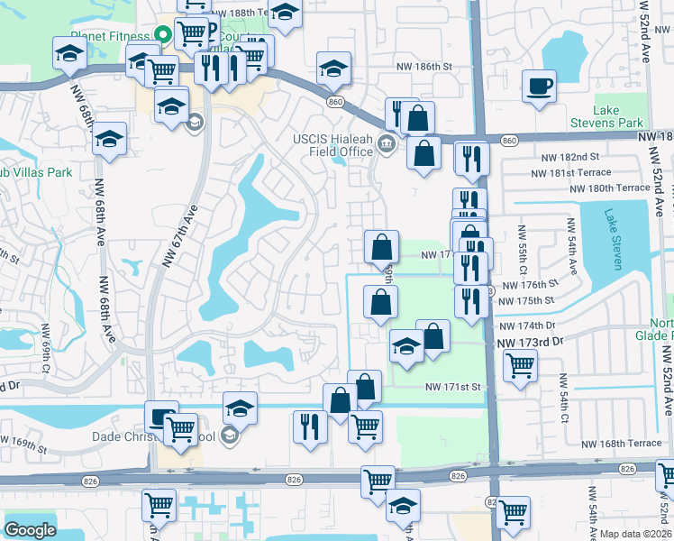 map of restaurants, bars, coffee shops, grocery stores, and more near 6130 Northwest 175th Terrace in Hialeah