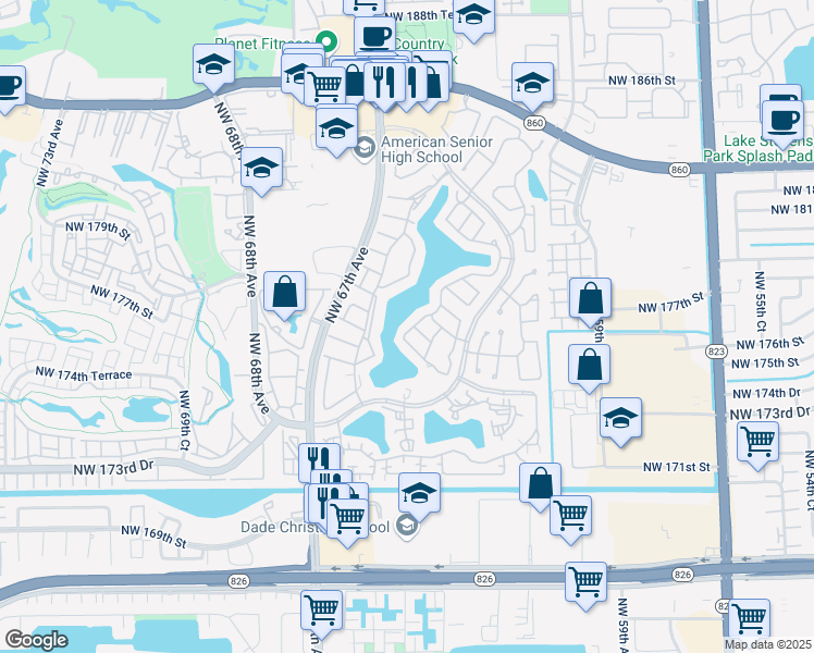 map of restaurants, bars, coffee shops, grocery stores, and more near 6340 Northwest 173rd Terrace in Hialeah