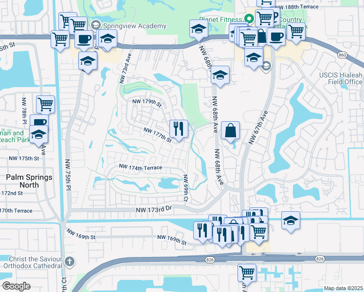 map of restaurants, bars, coffee shops, grocery stores, and more near 6912 Northwest 179th Street in Hialeah