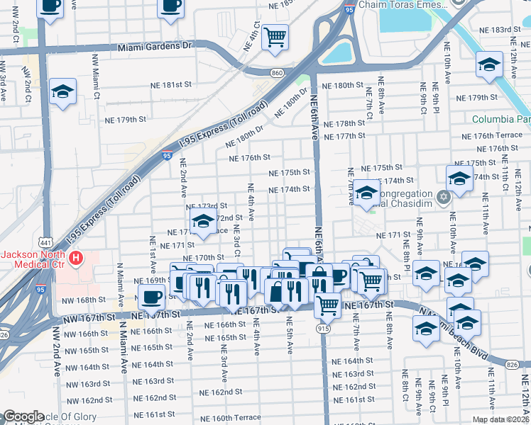 map of restaurants, bars, coffee shops, grocery stores, and more near 445 Northeast 172nd Street in North Miami Beach