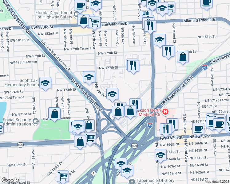 map of restaurants, bars, coffee shops, grocery stores, and more near 17119 Northwest 7th Avenue in Miami Gardens