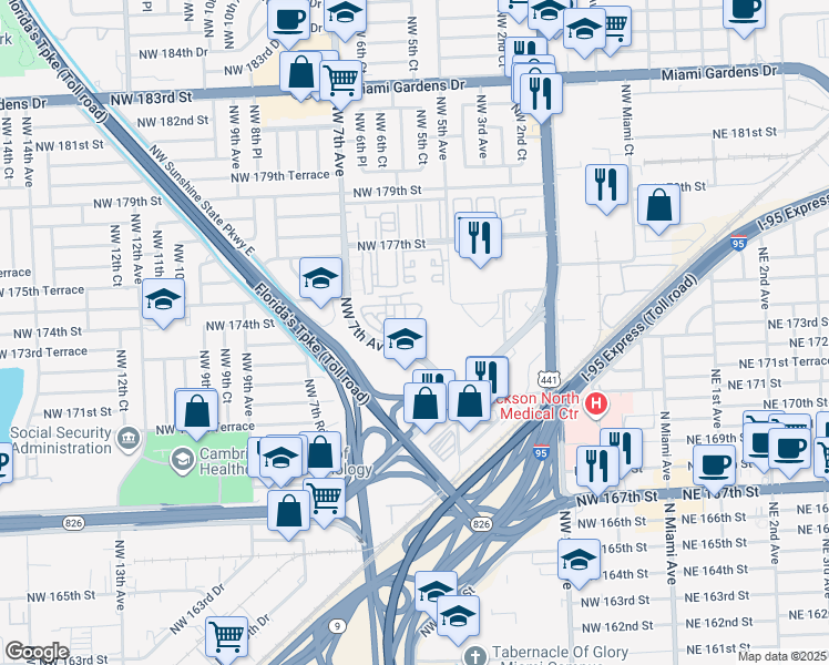 map of restaurants, bars, coffee shops, grocery stores, and more near 17119 Northwest 7th Avenue in Miami Gardens