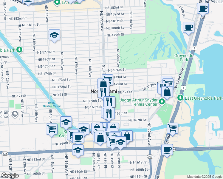 map of restaurants, bars, coffee shops, grocery stores, and more near 1935 Northeast 171 Street in North Miami Beach