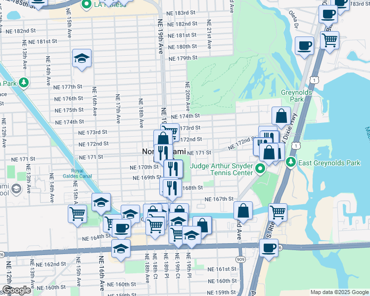 map of restaurants, bars, coffee shops, grocery stores, and more near 2001 Northeast 171 Street in North Miami Beach
