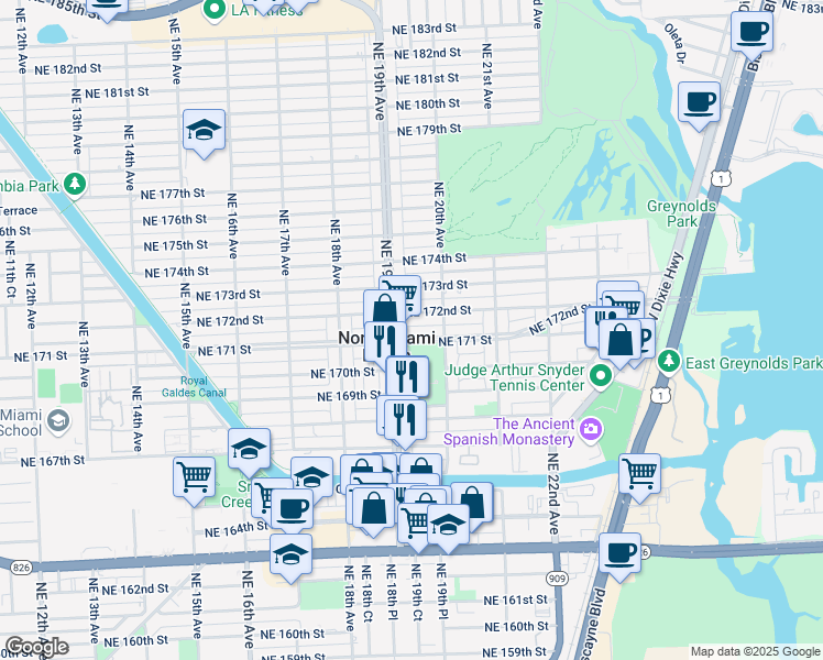 map of restaurants, bars, coffee shops, grocery stores, and more near 1935 Northeast 171 Street in North Miami Beach