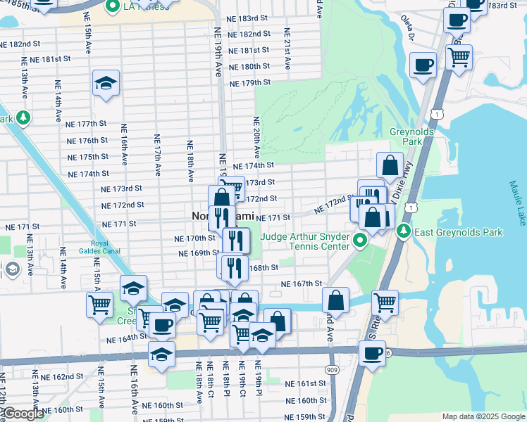 map of restaurants, bars, coffee shops, grocery stores, and more near 2001 Northeast 171 Street in North Miami Beach