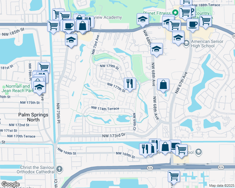 map of restaurants, bars, coffee shops, grocery stores, and more near 7070 Northwest 177th Street in Hialeah