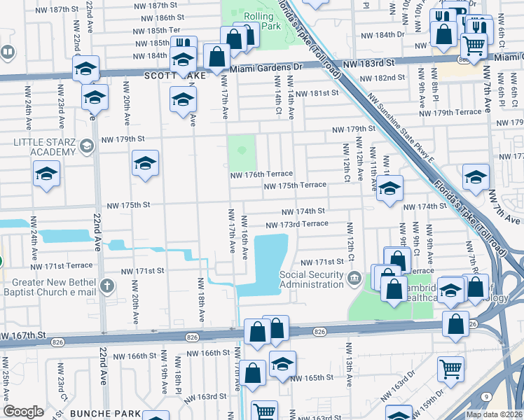 map of restaurants, bars, coffee shops, grocery stores, and more near 1530 Northwest 174th Street in Miami