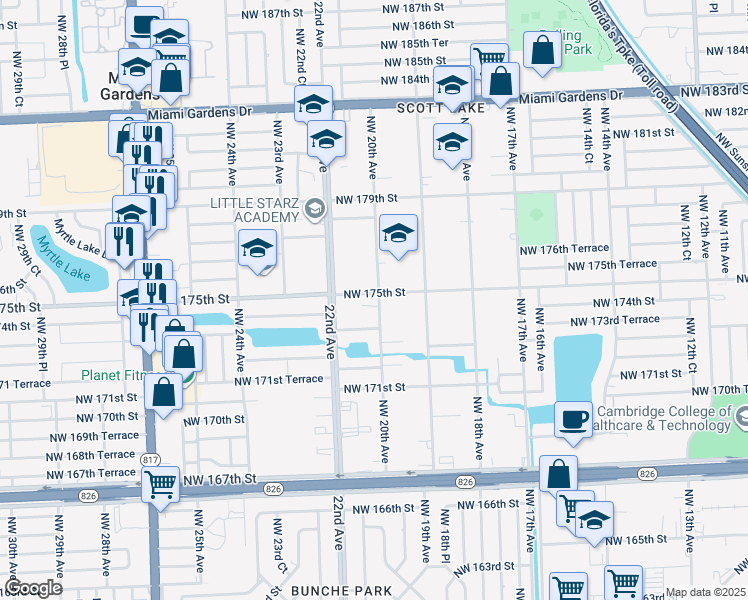 map of restaurants, bars, coffee shops, grocery stores, and more near 2000 Northwest 175th Street in Miami Gardens
