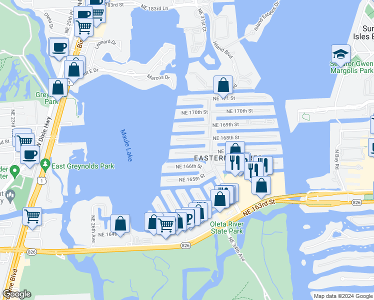 map of restaurants, bars, coffee shops, grocery stores, and more near 3344 Northeast 167th Street in North Miami Beach
