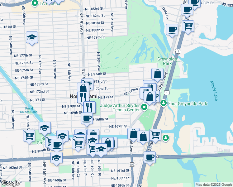 map of restaurants, bars, coffee shops, grocery stores, and more near 17100 Northeast 21st Avenue in North Miami Beach