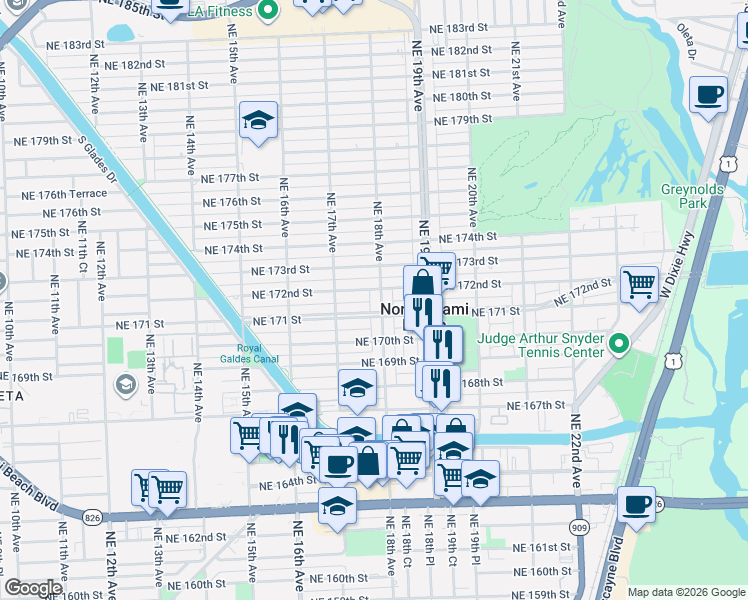 map of restaurants, bars, coffee shops, grocery stores, and more near 1799 Northeast 171 Street in North Miami Beach