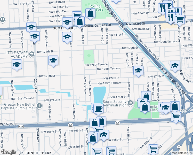 map of restaurants, bars, coffee shops, grocery stores, and more near 1530 Northwest 174th Street in Miami