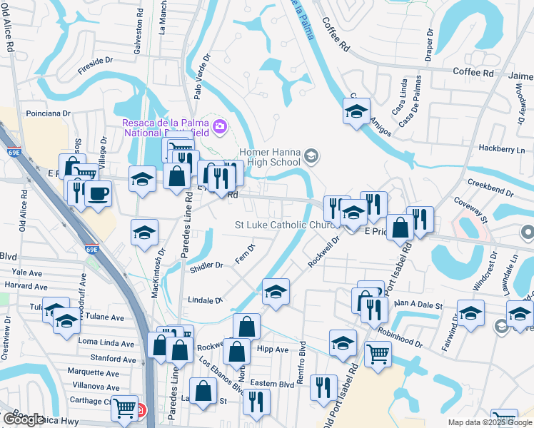 map of restaurants, bars, coffee shops, grocery stores, and more near 2454 East Price Road in Brownsville