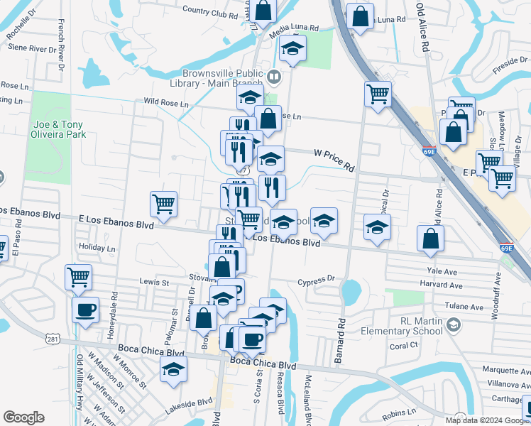 map of restaurants, bars, coffee shops, grocery stores, and more near 2007-2035 North Coria Street in Brownsville