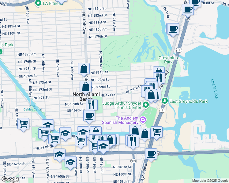 map of restaurants, bars, coffee shops, grocery stores, and more near 17100 Northeast 21st Avenue in North Miami Beach