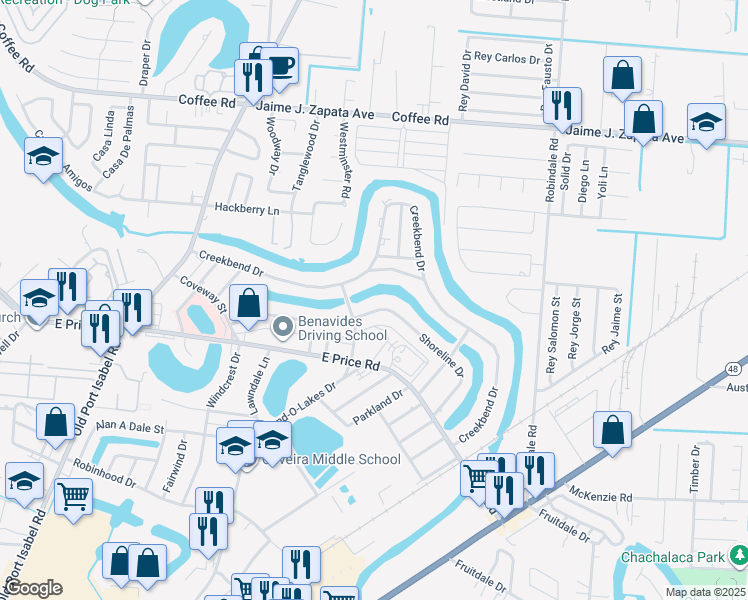 map of restaurants, bars, coffee shops, grocery stores, and more near 117 Shoreline Drive in Brownsville