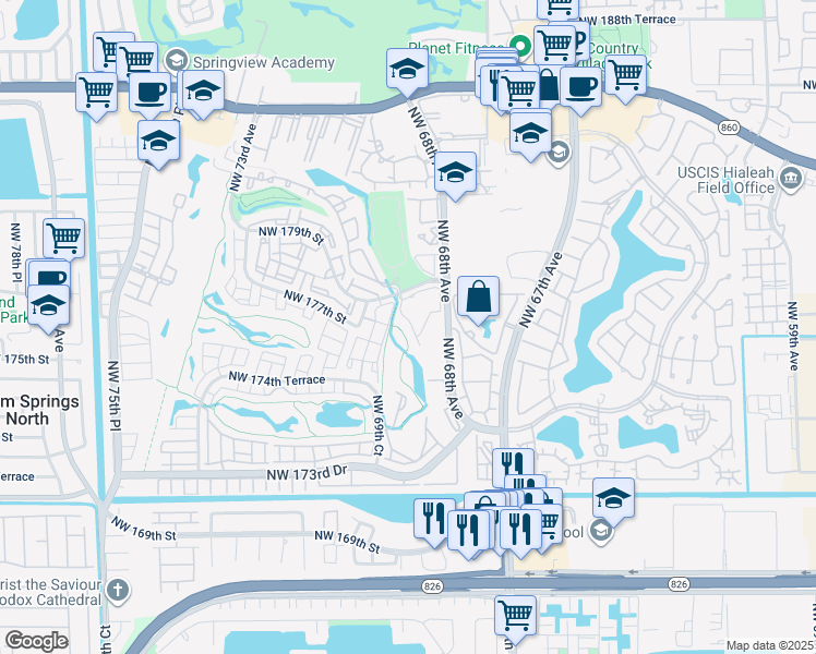 map of restaurants, bars, coffee shops, grocery stores, and more near 6816 Golfside Villas Road in Hialeah