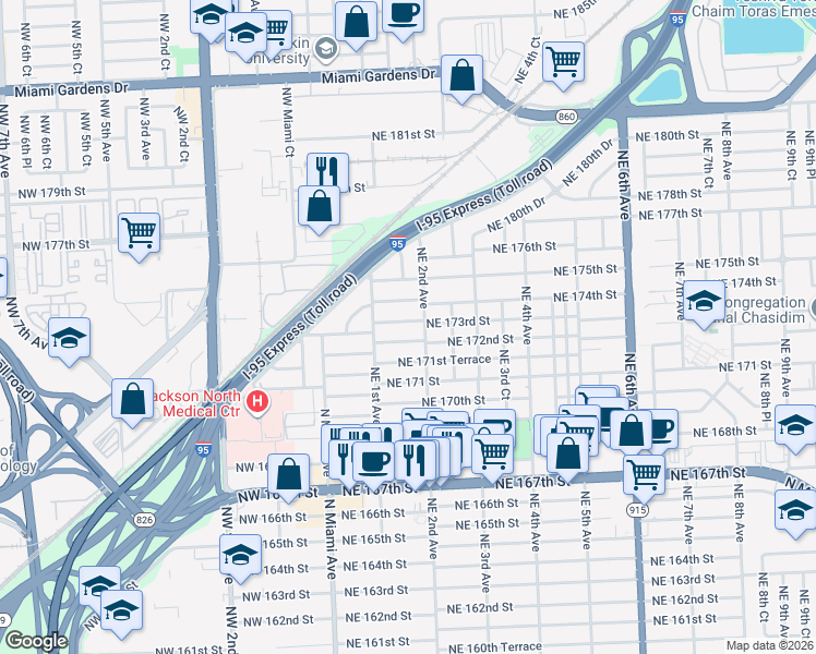 map of restaurants, bars, coffee shops, grocery stores, and more near 141 Northeast 172nd Street in North Miami Beach