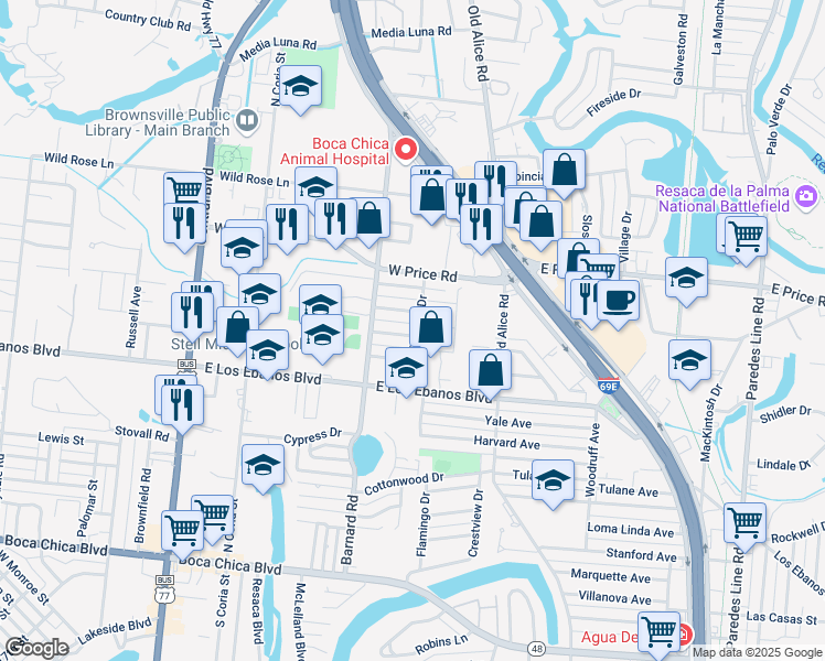 map of restaurants, bars, coffee shops, grocery stores, and more near 1304 Duranta Lane in Brownsville