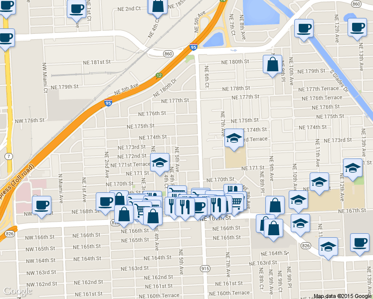 map of restaurants, bars, coffee shops, grocery stores, and more near 511 Northeast 172nd Street in North Miami Beach