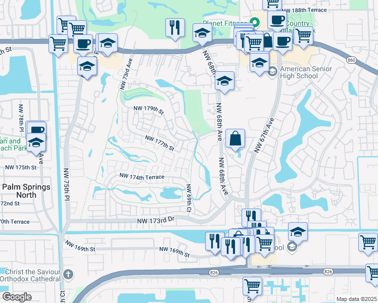 map of restaurants, bars, coffee shops, grocery stores, and more near 6912 Northwest 179th Street in Hialeah