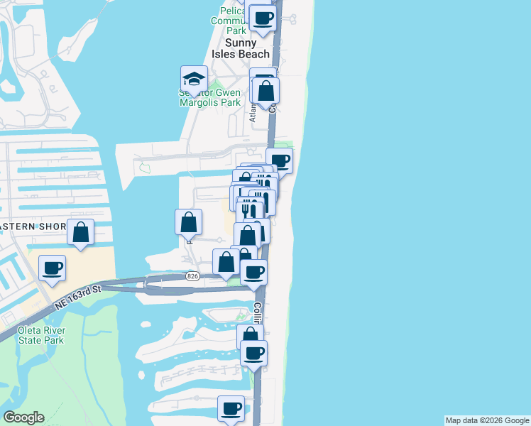 map of restaurants, bars, coffee shops, grocery stores, and more near 17026 Collins Avenue in Sunny Isles Beach