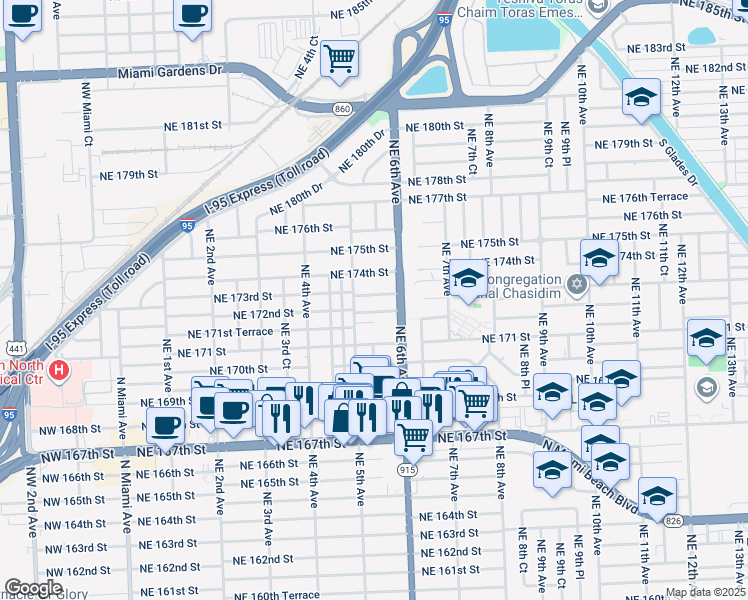 map of restaurants, bars, coffee shops, grocery stores, and more near 511 Northeast 172nd Street in North Miami Beach