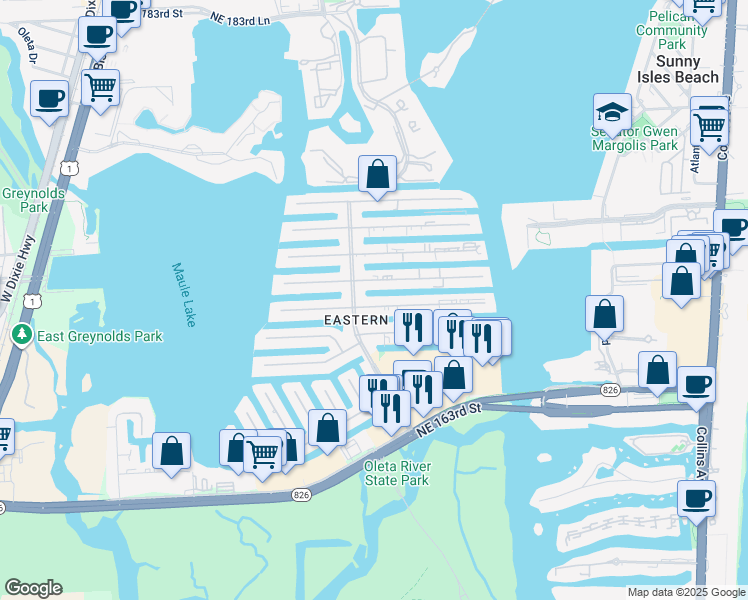map of restaurants, bars, coffee shops, grocery stores, and more near in North Miami Beach