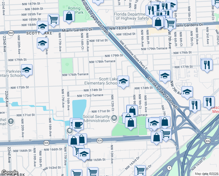 map of restaurants, bars, coffee shops, grocery stores, and more near 17345 Northwest 12th Court in Miami