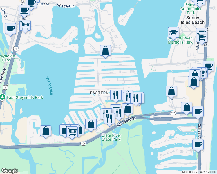 map of restaurants, bars, coffee shops, grocery stores, and more near in North Miami Beach
