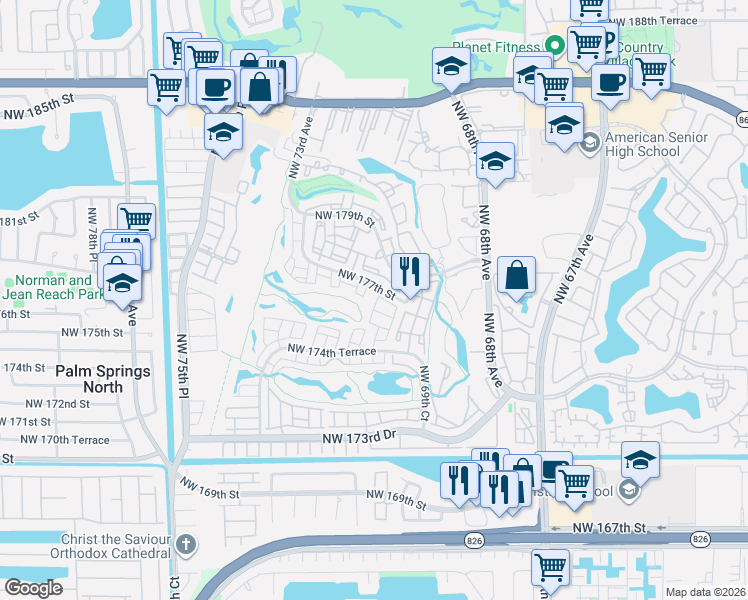 map of restaurants, bars, coffee shops, grocery stores, and more near 7070 Northwest 177th Street in Hialeah
