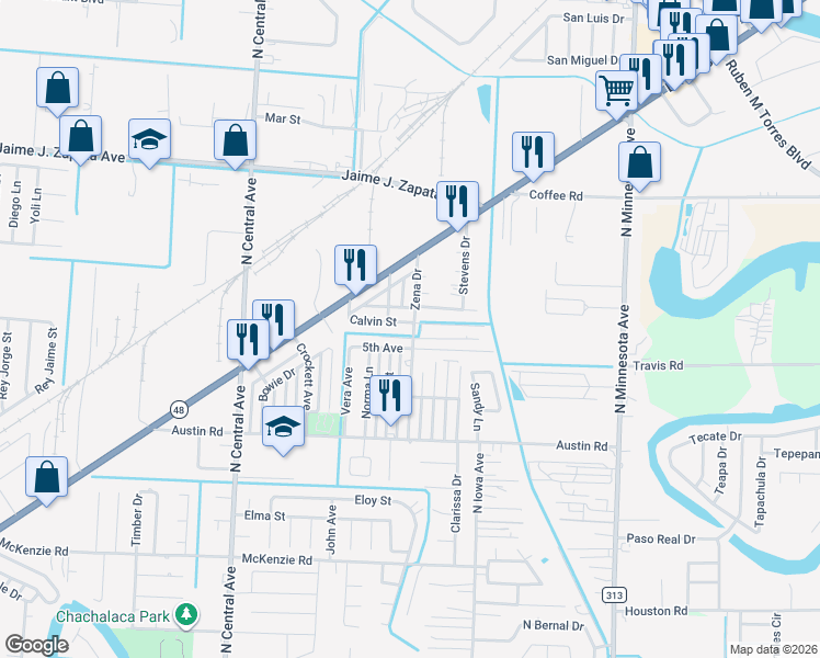 map of restaurants, bars, coffee shops, grocery stores, and more near 6571-6599 5th Avenue in Brownsville