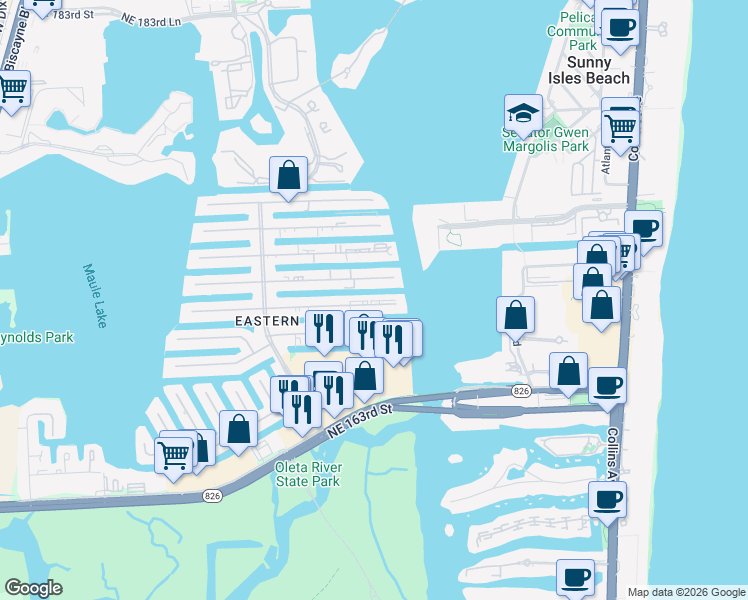 map of restaurants, bars, coffee shops, grocery stores, and more near 3860 Northeast 167th Street in North Miami Beach