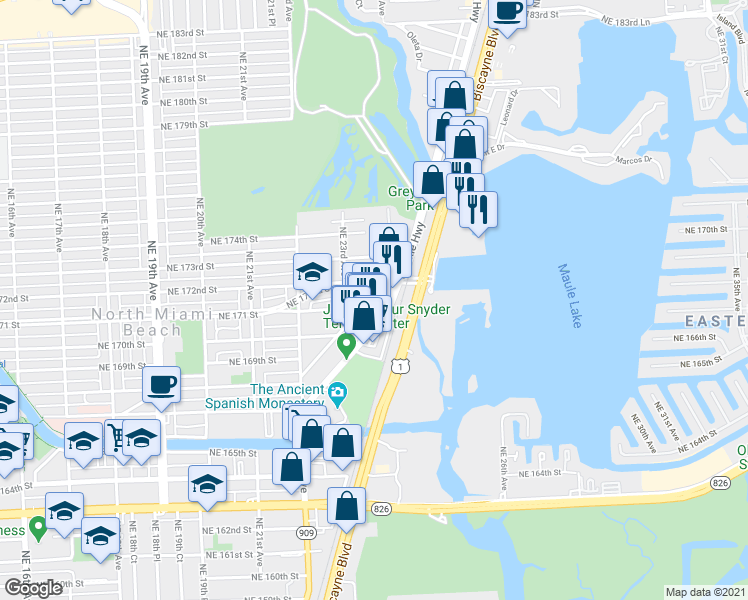 map of restaurants, bars, coffee shops, grocery stores, and more near 17092 West Dixie Highway in North Miami Beach