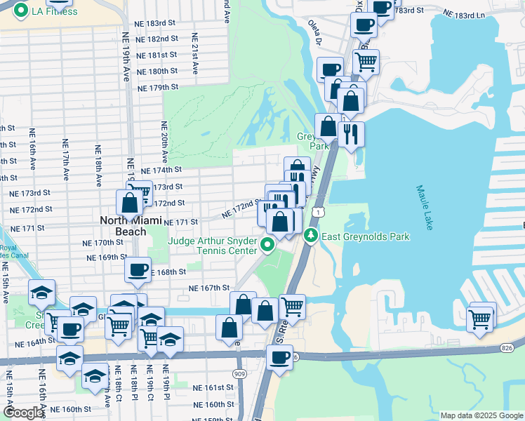 map of restaurants, bars, coffee shops, grocery stores, and more near 2300 Northeast 171 Street in North Miami Beach