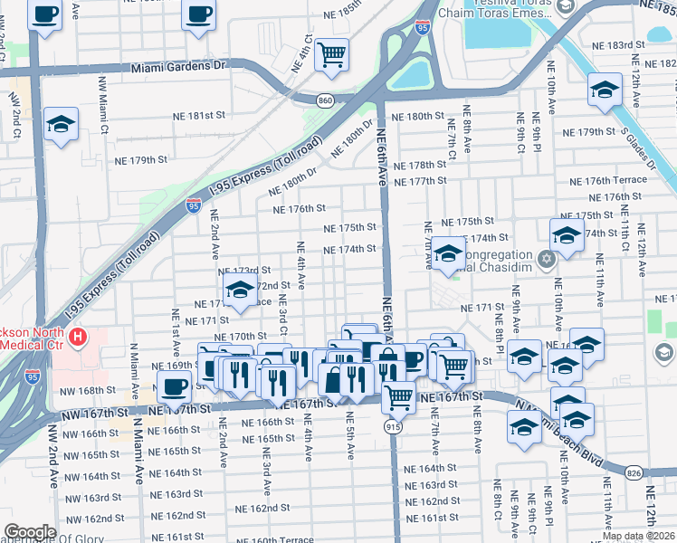 map of restaurants, bars, coffee shops, grocery stores, and more near 445 Northeast 172nd Street in North Miami Beach