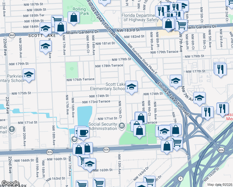 map of restaurants, bars, coffee shops, grocery stores, and more near 17345 Northwest 12th Court in Miami